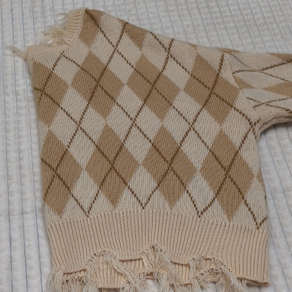 Distressed Beige Argyle Sweater XL Y2K Blokecore Whimsygoth - Picture 11 of 12